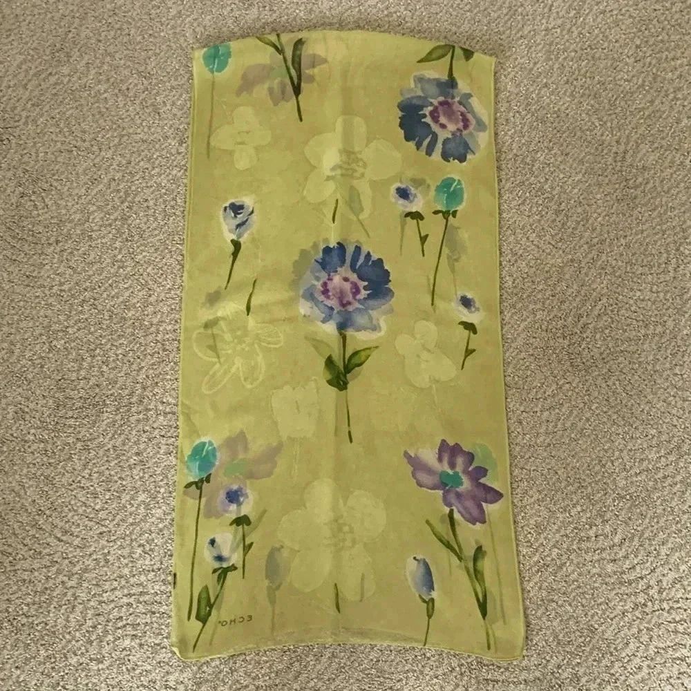 Echo silk scarf lime, green with blue and purple floral print